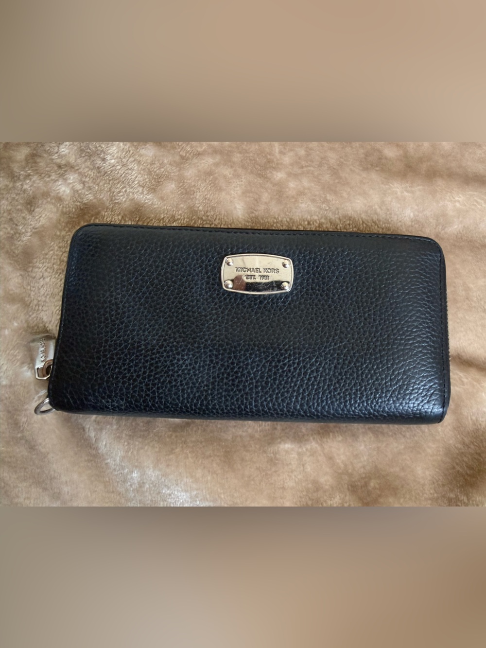 Michael Kors Black Pebbled Leather Zip-Around Wallet with Gold Plaque